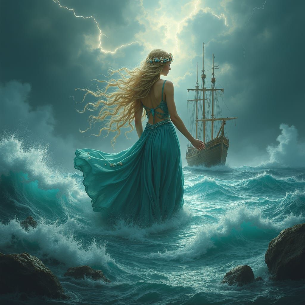 Goddess Amphitrite Shields Sailors from Turbulent Stormy Sea...