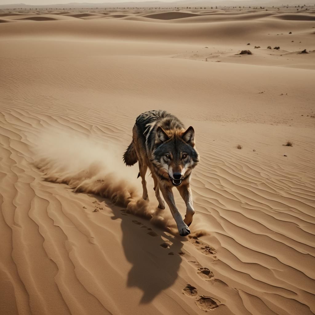 Wolf in Desert Sandstorm: Cinematic Film Still