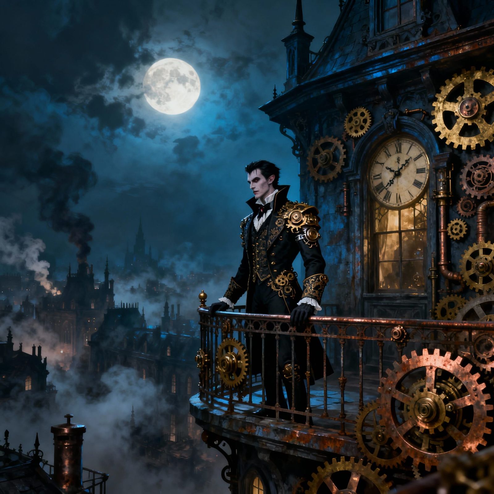 Steampunk Vampire on Gothic Balcony Overlooking City