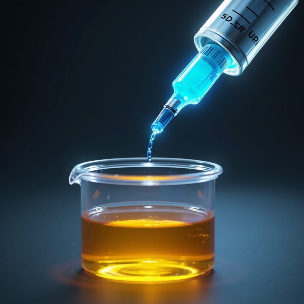 A syringe injects blue liquid into a beaker of yellow transp...