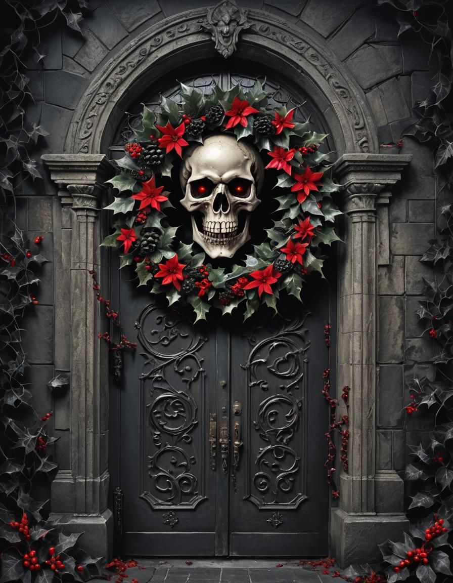 Dark Gothic Christmas Wreath with Skull Digital Art