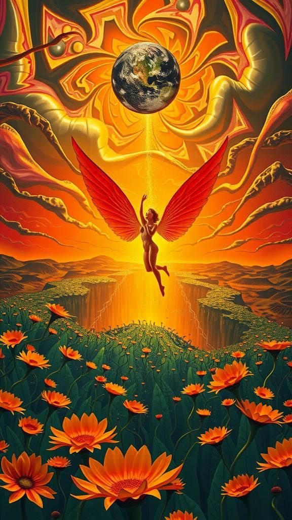 Surreal Landscape with Elastic Flora and Flaming Fairy