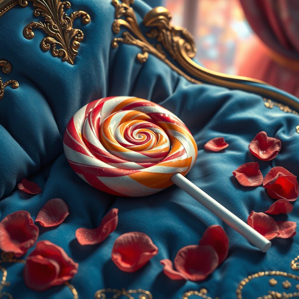 Vibrant Lollipop Reclines on Plush, Golden Bed