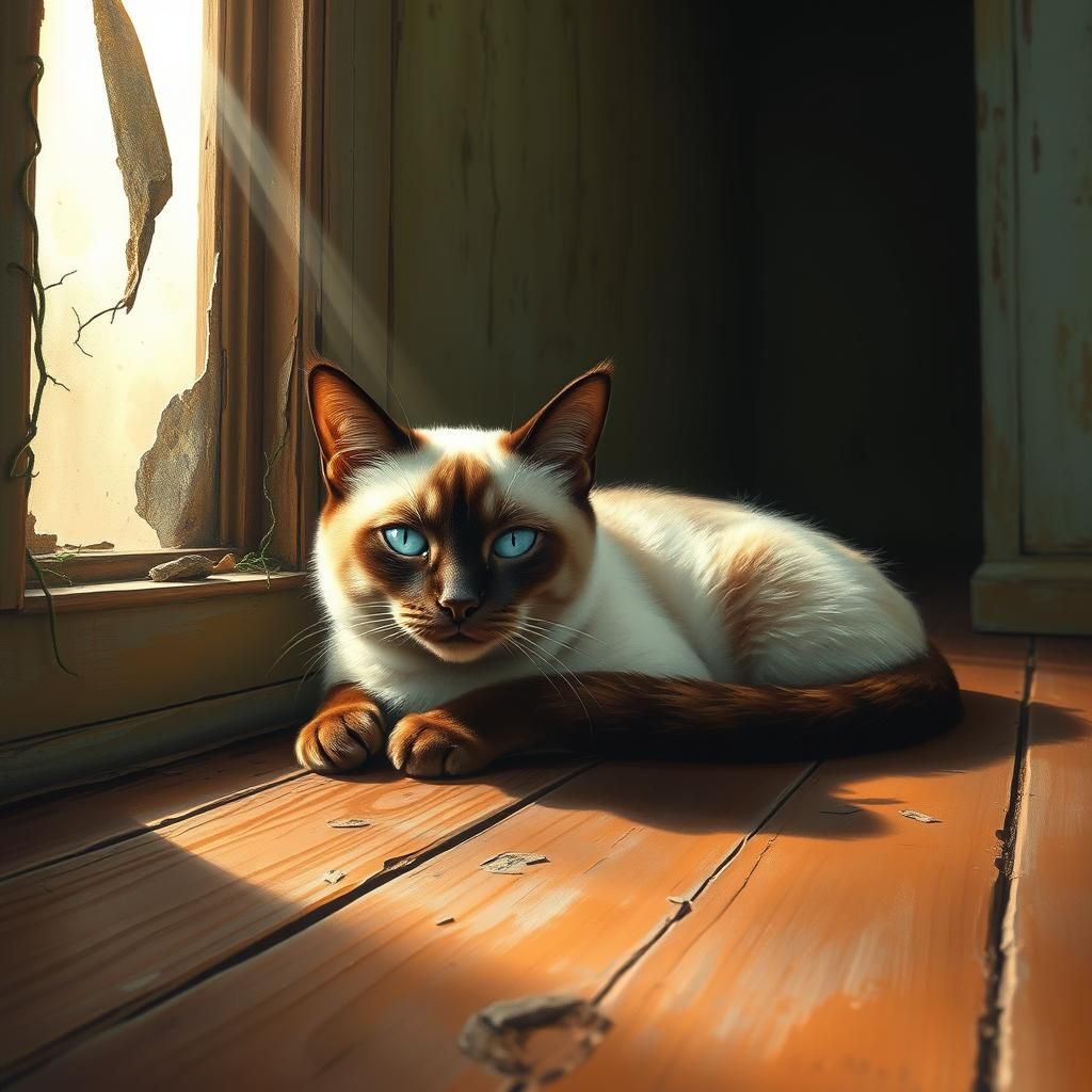 Siamese Cat Sunbathing in Abandoned House: Impressionist Sty...