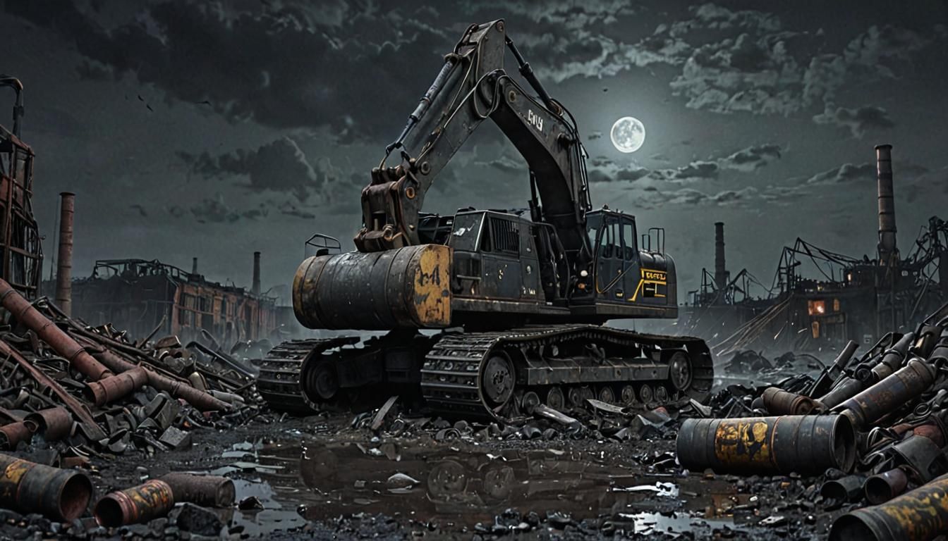 Creepy Excavator in Industrial Wasteland Under Dark Moon