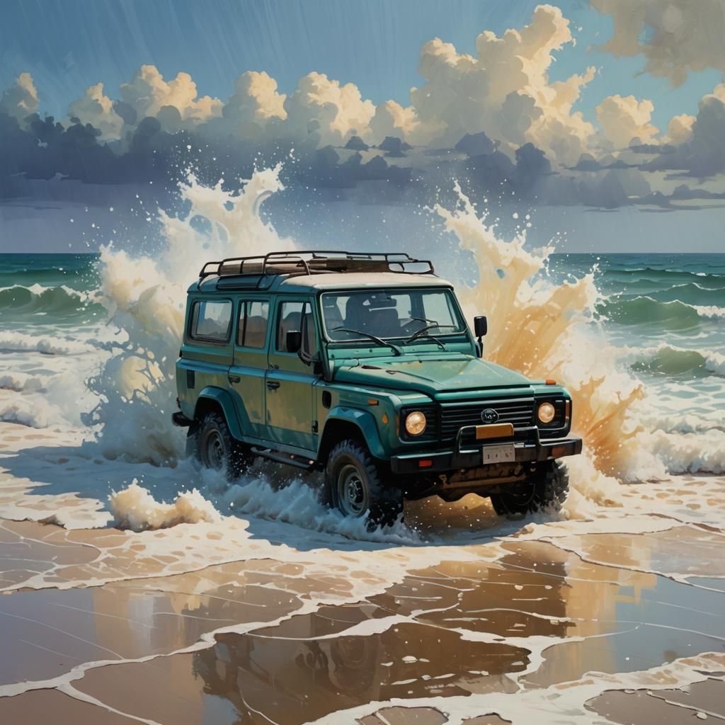 4x4 Splashing Through Salt Water: Fine Art Illustration