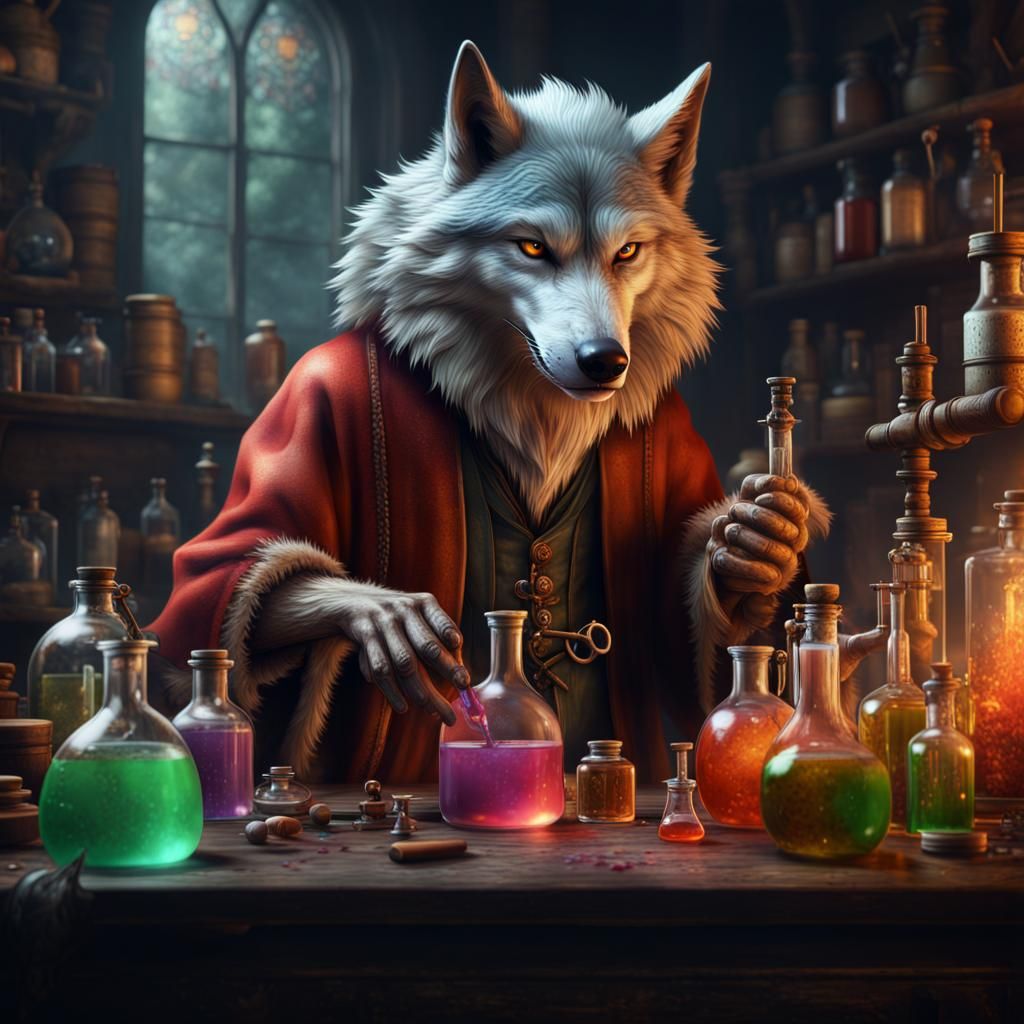 Wise Wolf Alchemist: Detailed Matte Painting