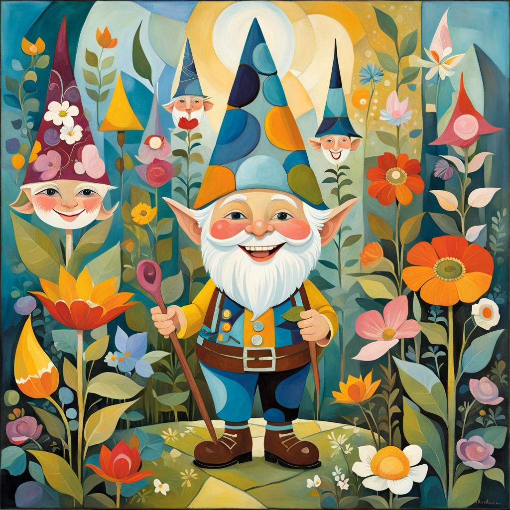 Groovy Gnome in Garden Blending Cubist Art Styles
