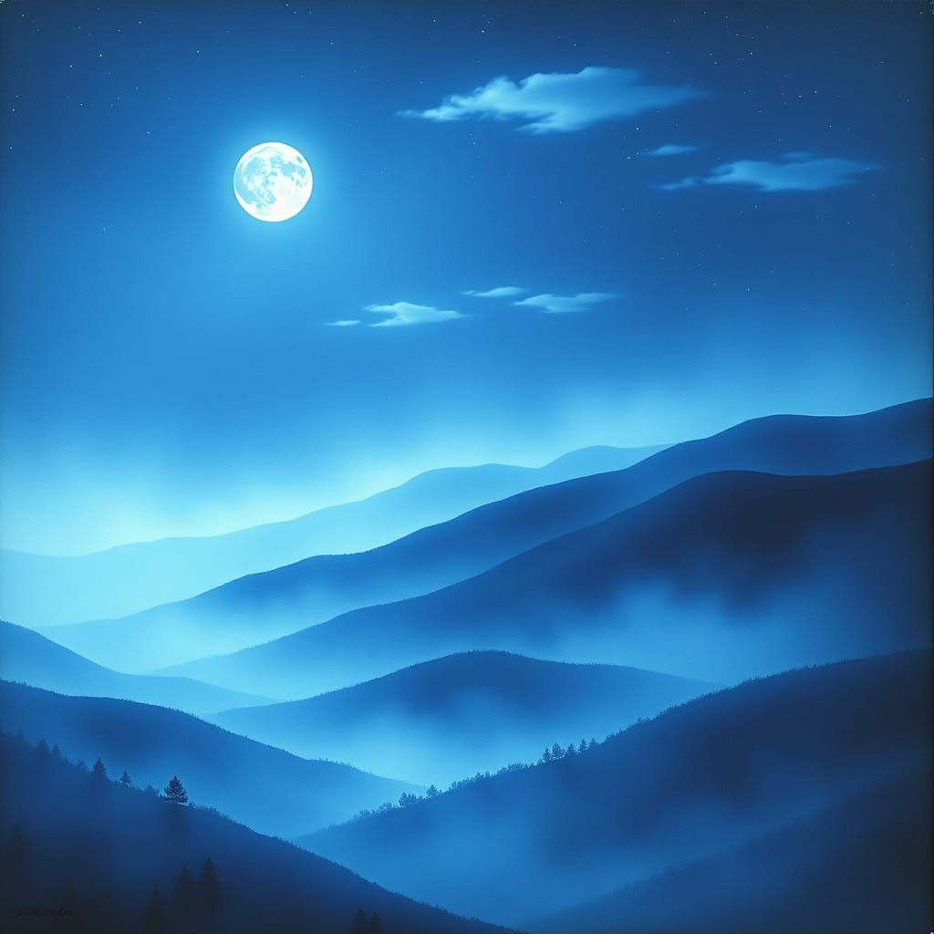 Dreamy Night Landscape with Ethereal Blue Glow