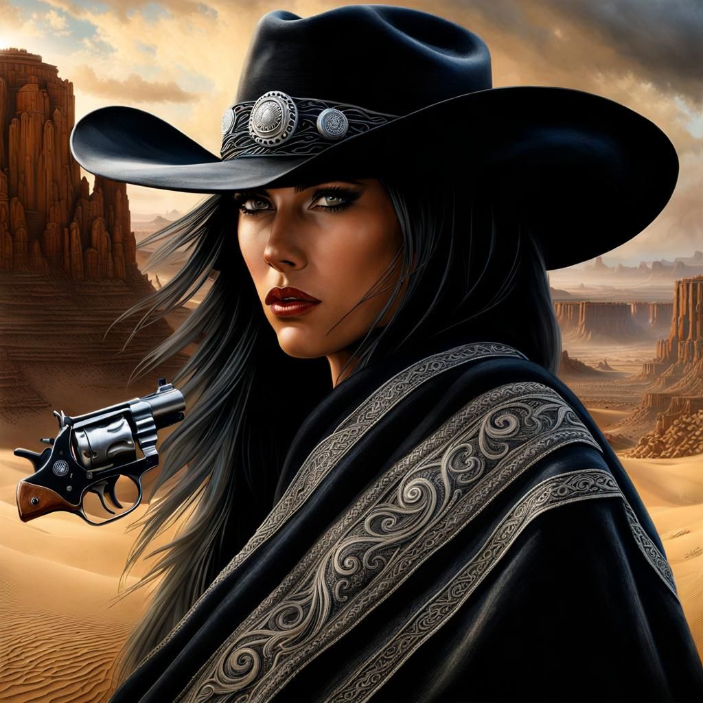 Mysterious Cowgirl in Western Town with Revolver