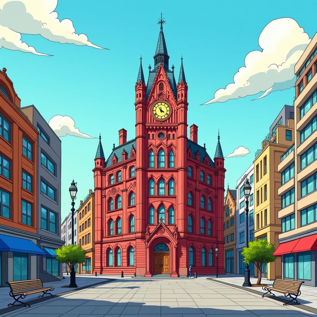 Vibrant Glasgow City Square in Simpsons-Style Cartoon Art