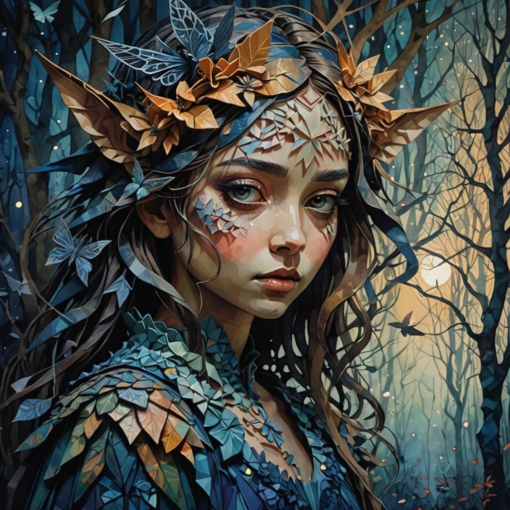 Origami Girl Portrait in Tim Burton Style