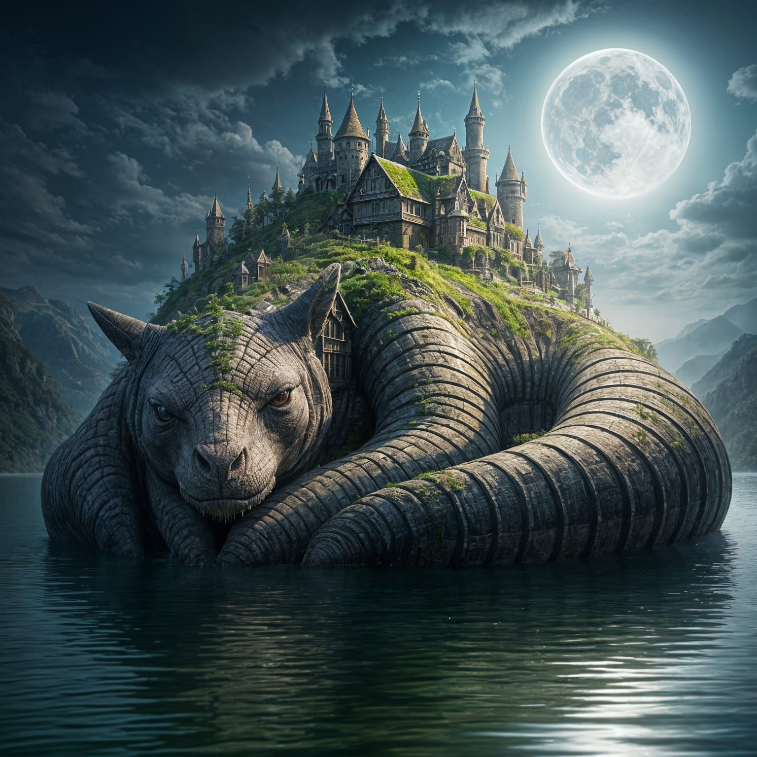 Majestic Dinosaur Creature Supports Whimsical Village on Its...