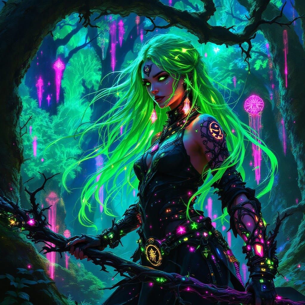 Cyberpunk Druid in Neon Forest, Digital Art