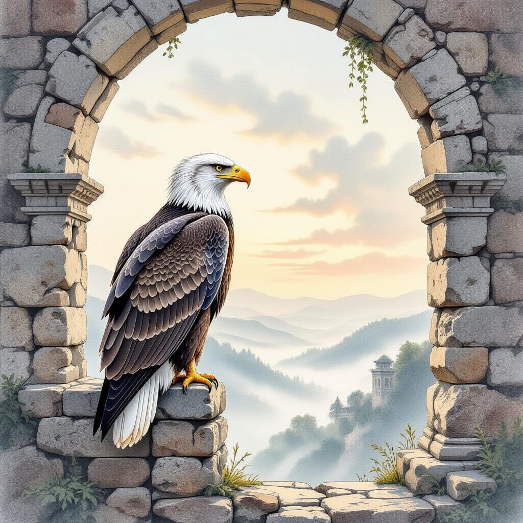 Majestic Eagle Over Misty Valley in Pencil Sketch Style