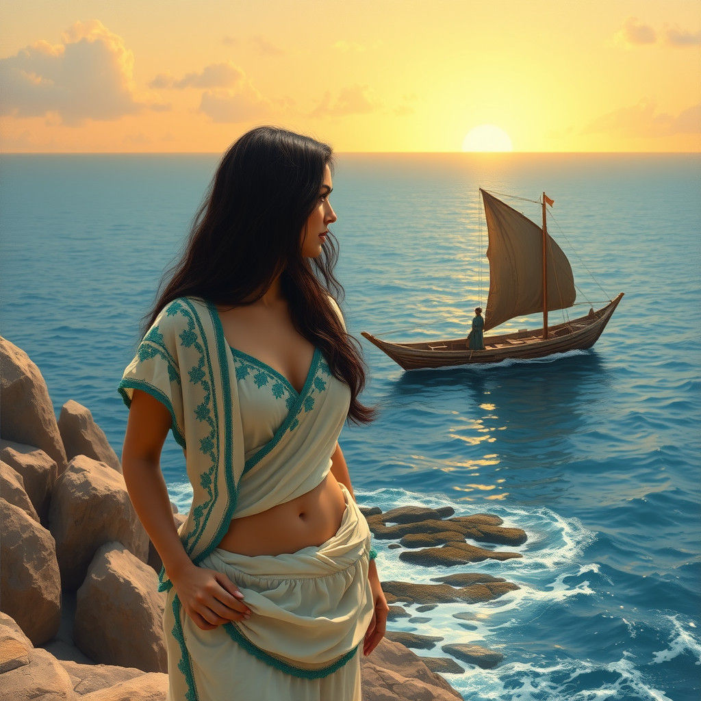 Greek Woman Watches Sailboat, Bouguereau Style