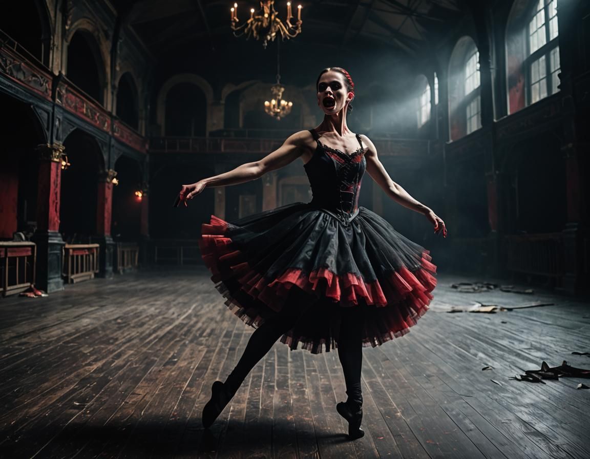Eerie Vampire Ballerina in Dark Performance Hall