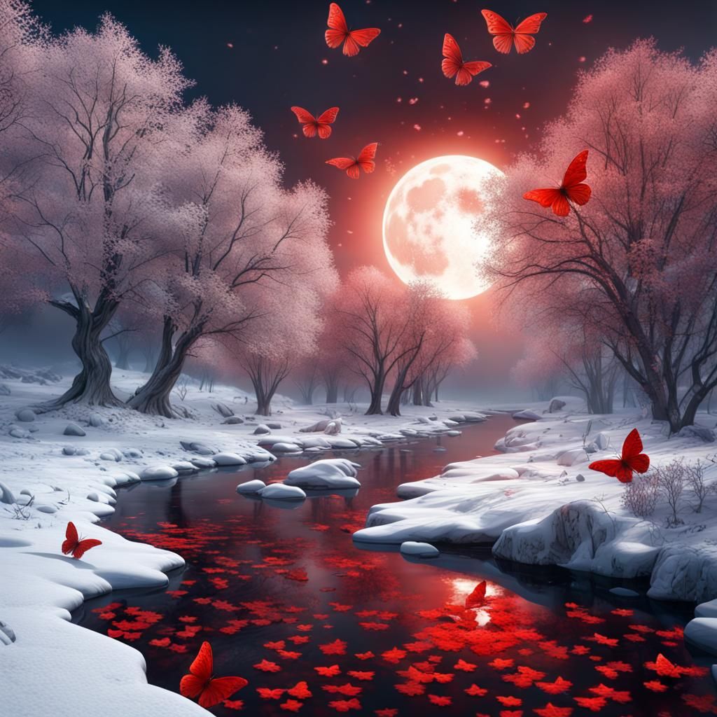Icy Moon River with Red Butterflies