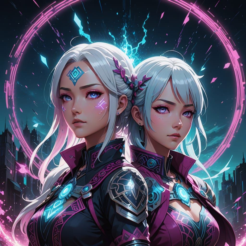 Contrasting Female Characters Face Off in Vibrant Anime-Styl...