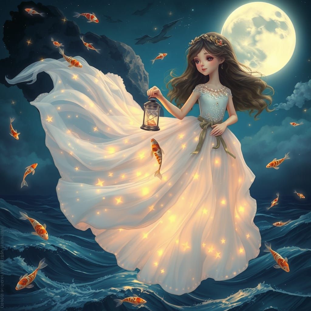 Dreamlike Fairy Above Midnight Ocean in Ethereal Art