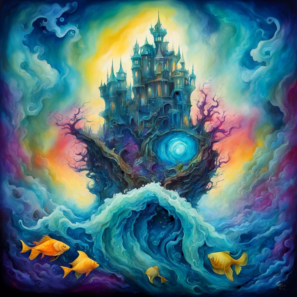 Surreal Ocean Scene in Mixed Media Style