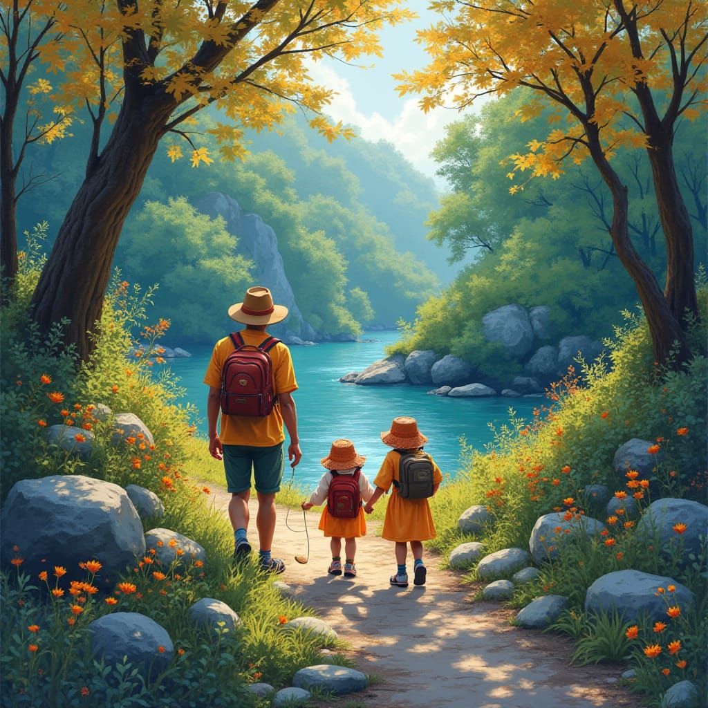 Family Amidst Vibrant Nature in Whimsical Monet-Inspired Rea...