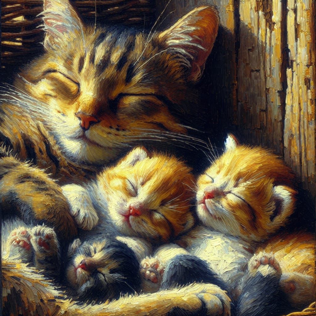 Playful Kittens in an Impasto Painting