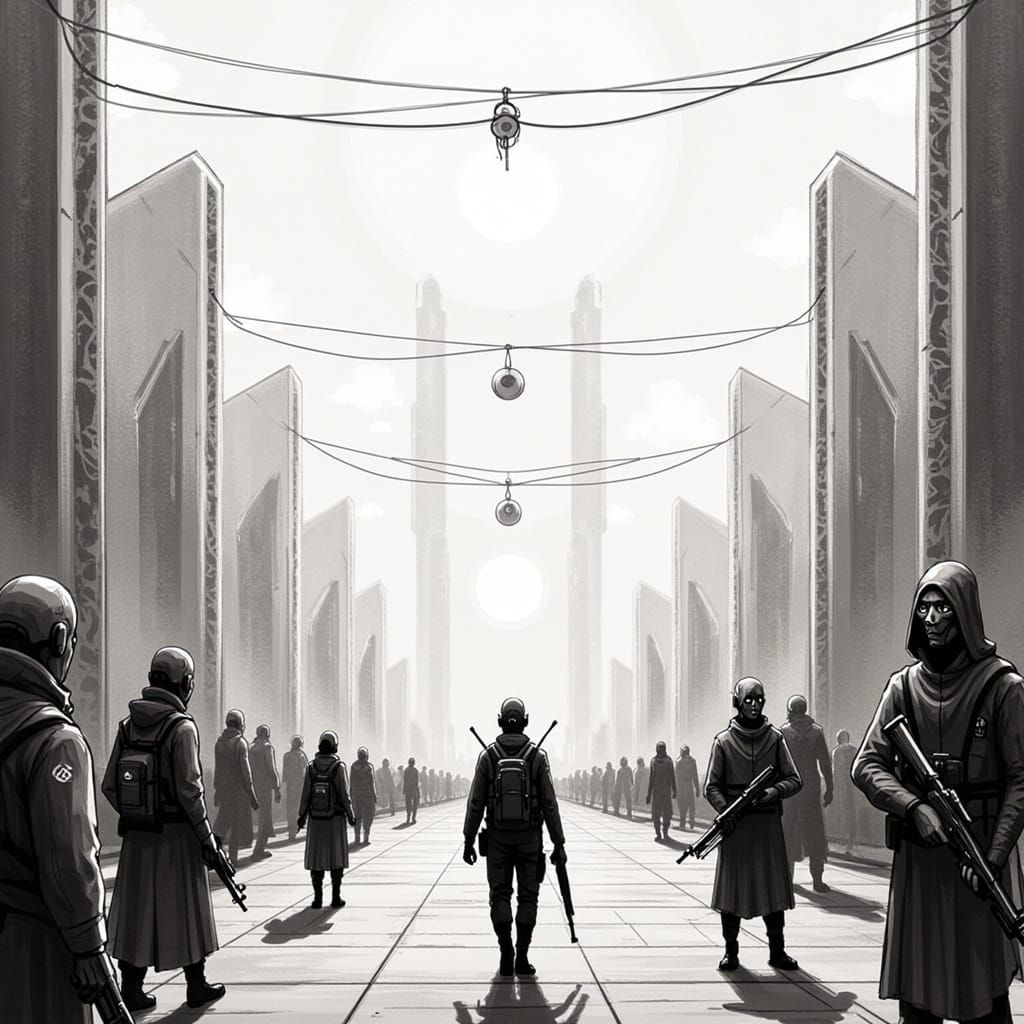 Carcosa Plaza with SCP Team in Sepia Inkpunk Style