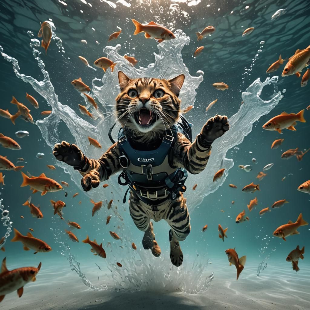 Cat Diver in Underwater Scene, Cinematic Still