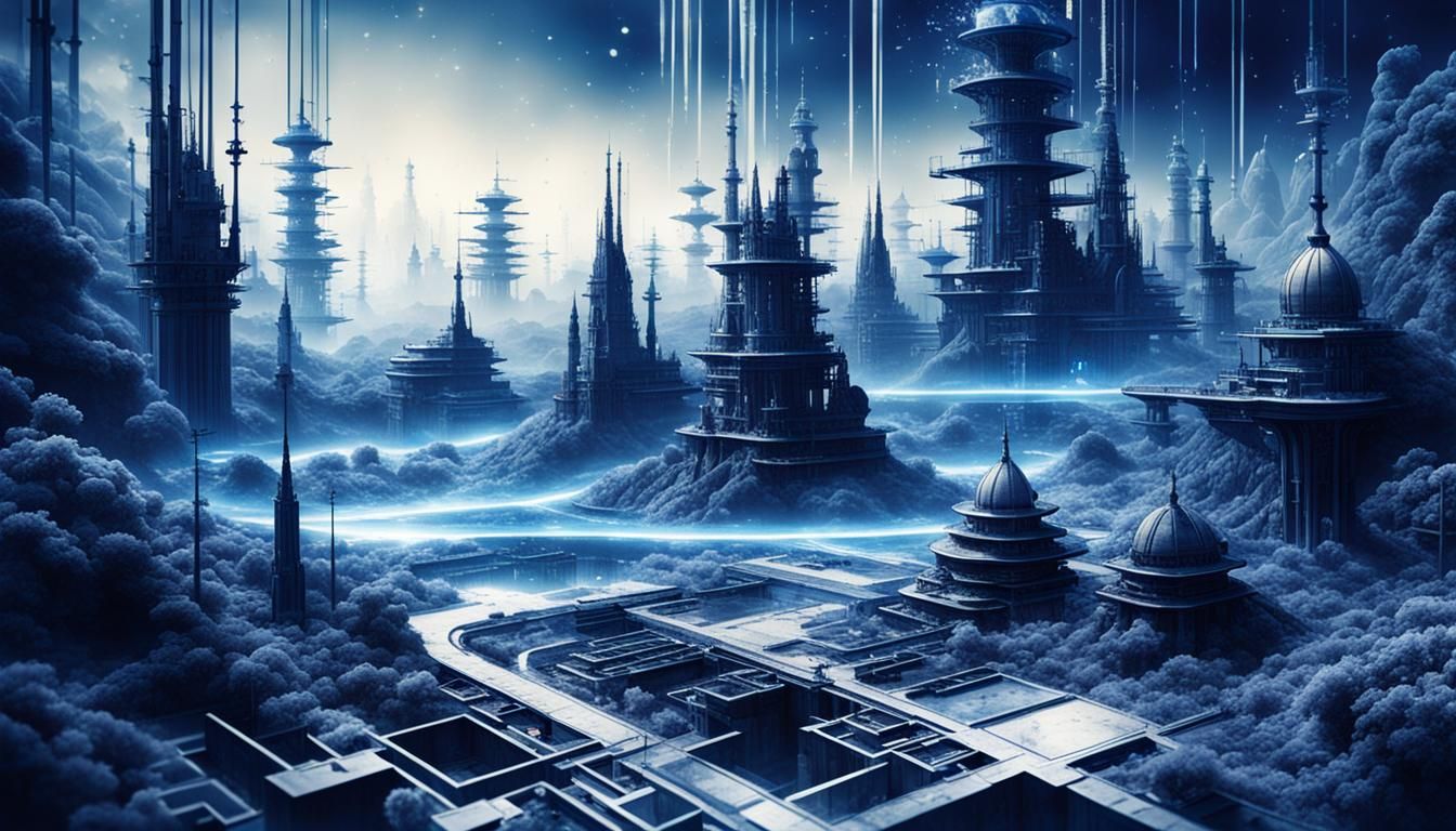 Ethereal Cyanotype Landscape of Alien Futuristic Civilizatio...