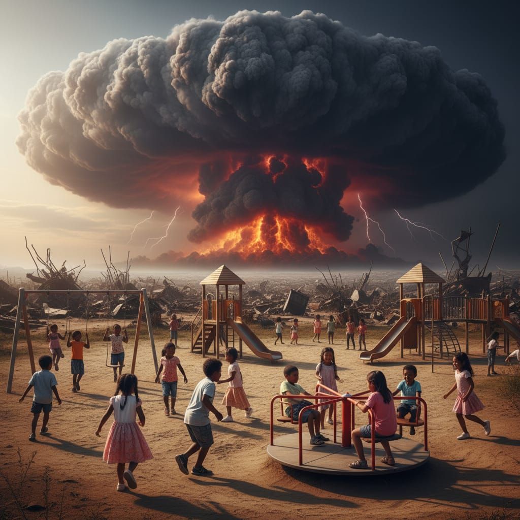 Kids Play at Playground Under Mushroom Cloud