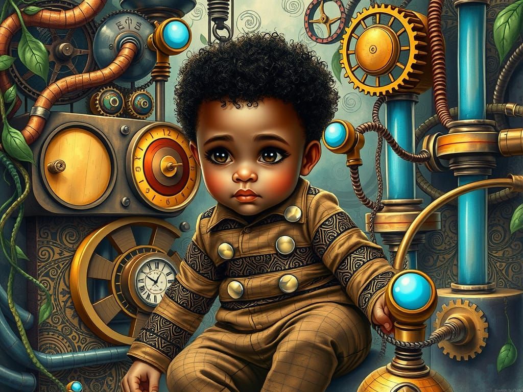 Steampunk Toddler in Whimsical Fantasy Landscape