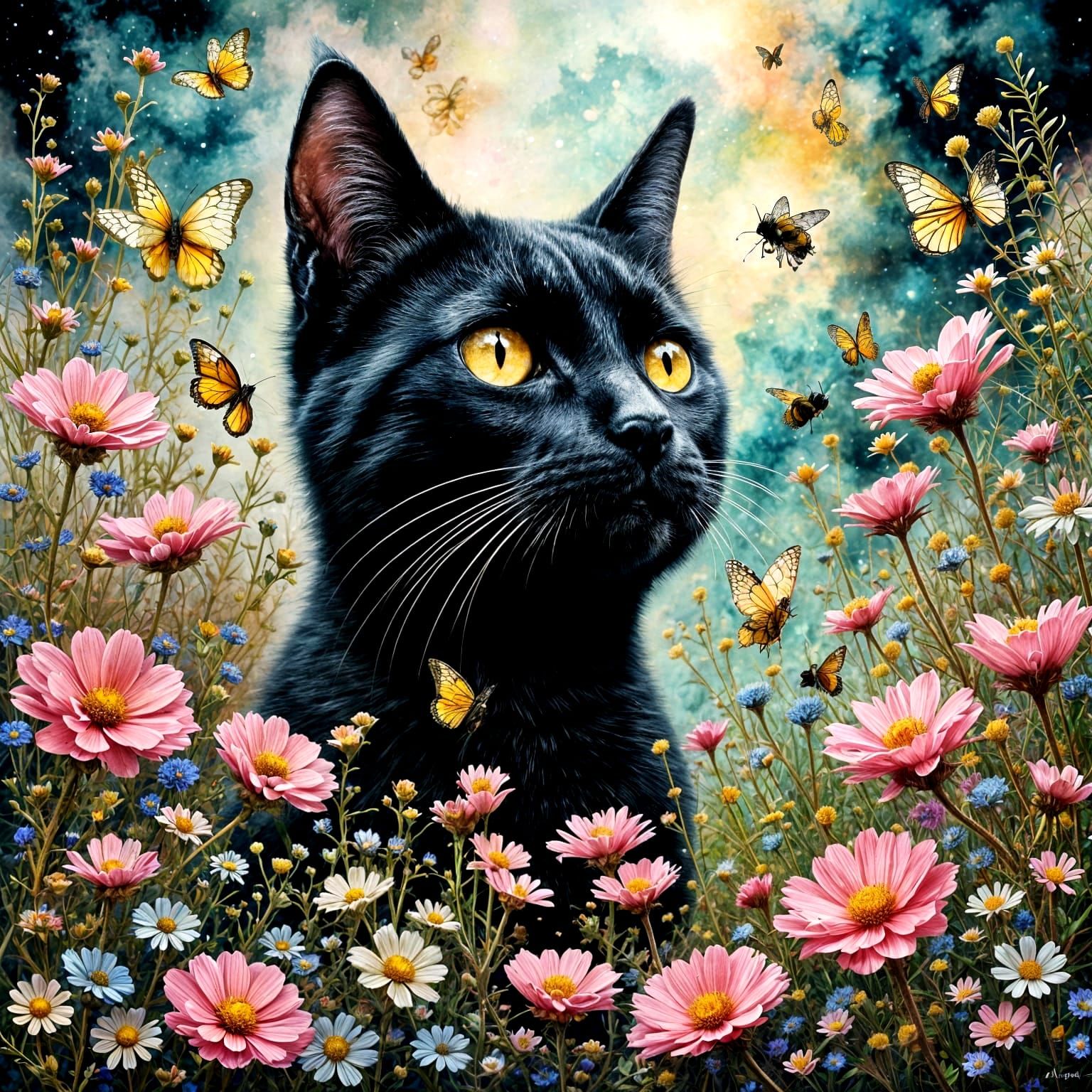 Black Cat Amidst Cosmic Wildflowers and Insects