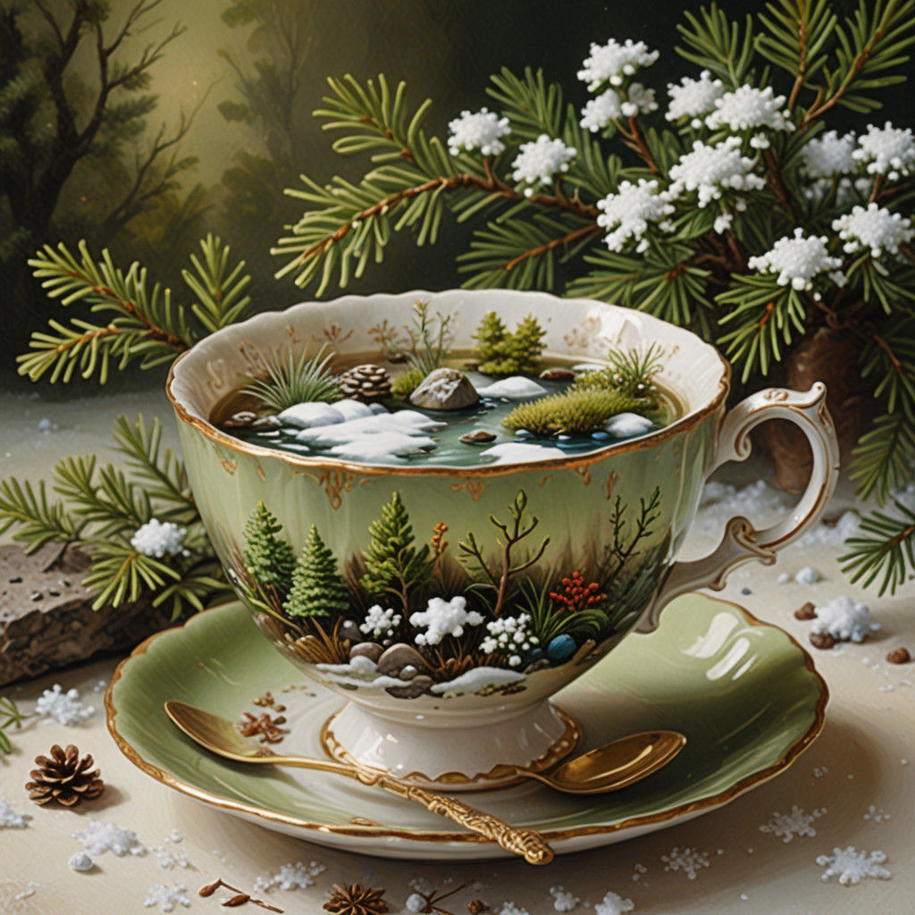Elegant Winter Teacup Scene in Classical Oil Painting Style