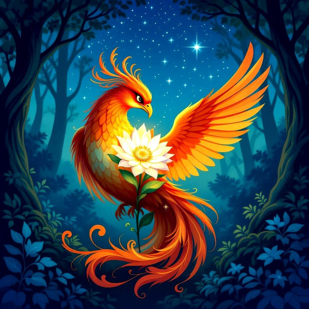 Phoenix and Bioluminescent Flower in Enchanted Forest