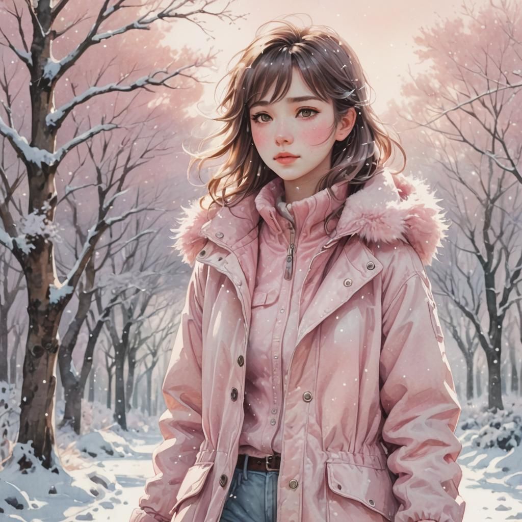 Girl in Pink Jacket: Anime Watercolor Painting