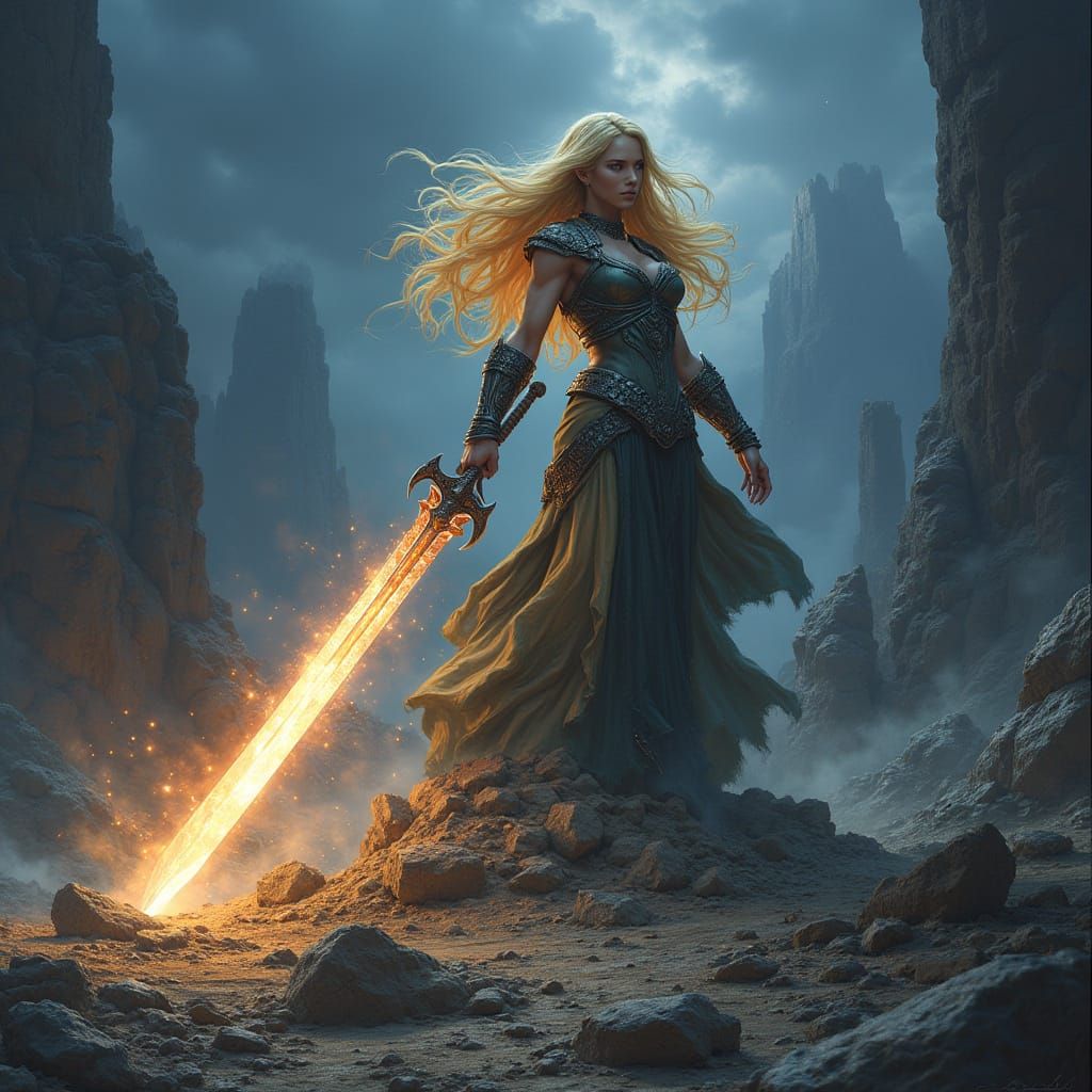 Half-Elf Goddess Cleaves Mountain in Epic Fantasy Art