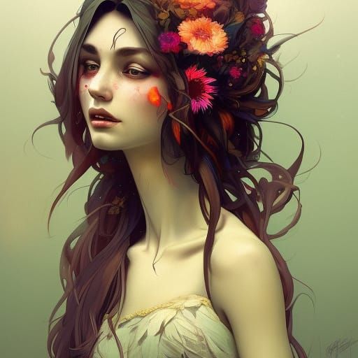 Detailed Flower Witch Portrait in Art Nouveau Style