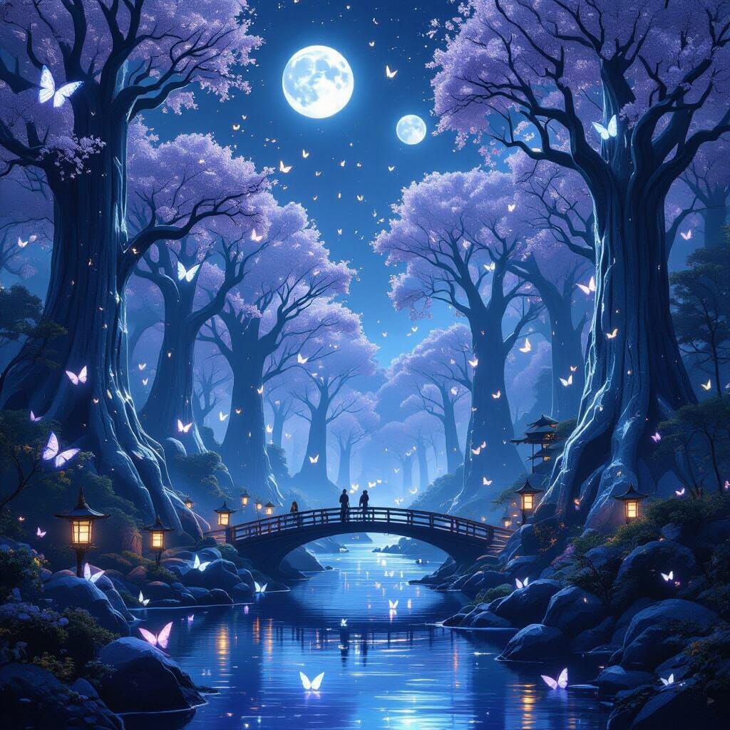 Ethereal Forest with Glowing Butterflies and Twin Moons