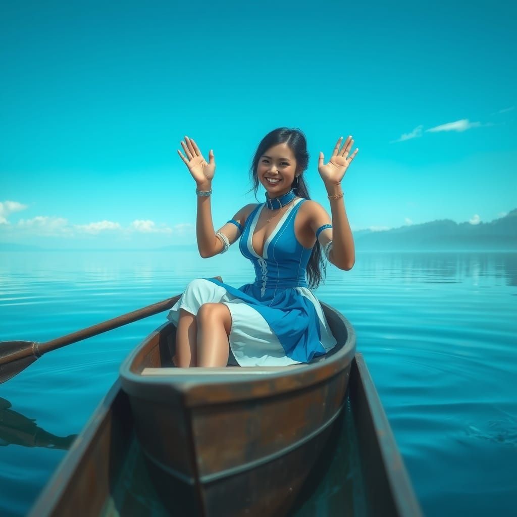 Woman on Serene Lake Waving, Dreamy Fantasy Art