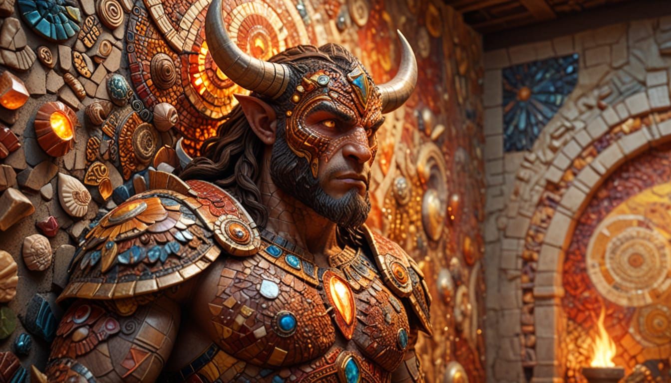 Adventurer Discovering Minotaur Mosaic in Splash Art Style