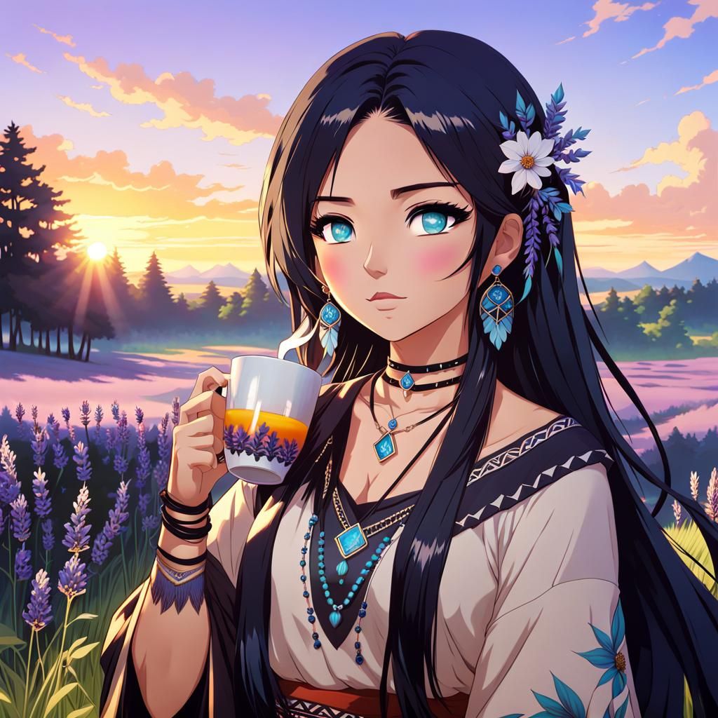 Native American Woman with Lavender Tea, Anime Style
