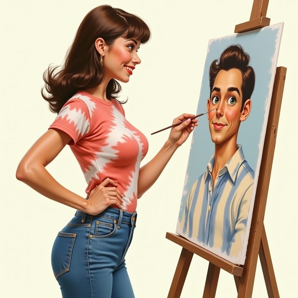 Retro Pin-Up Girl Paints Handsome Man Portrait in Whimsical ...