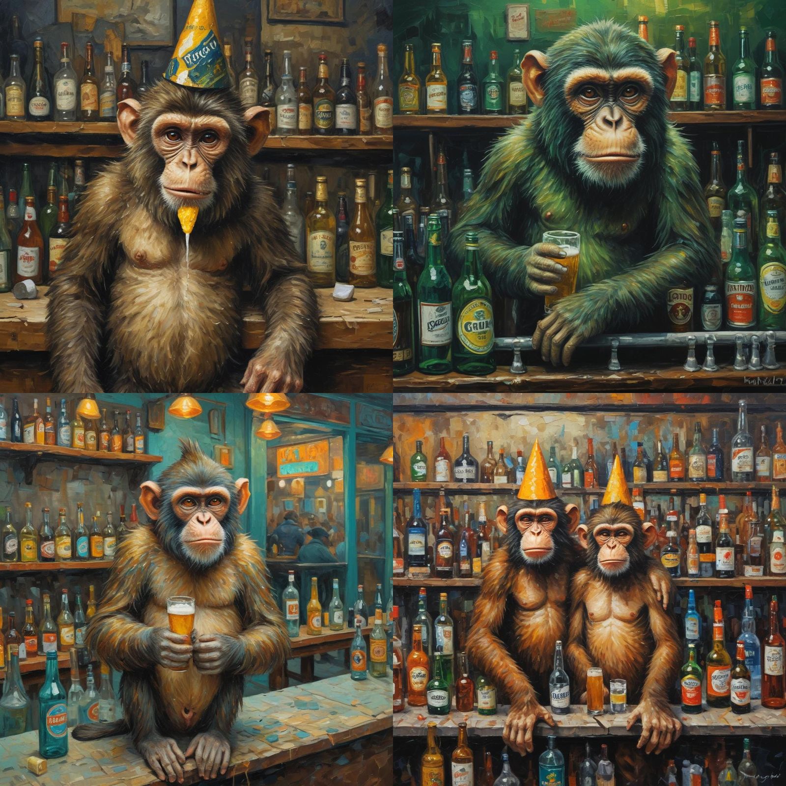 Monkey Bartender in Neo-Impressionist Oil Painting