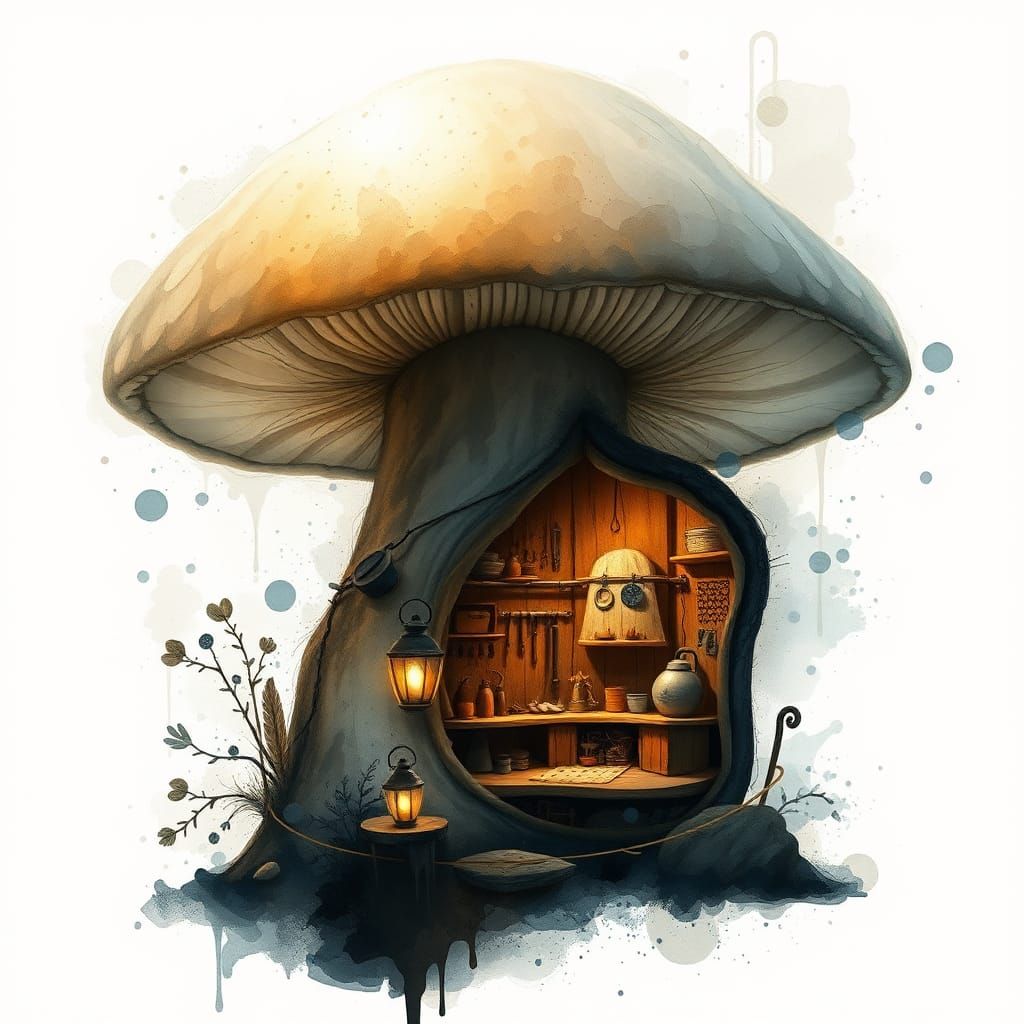 Glowing Mushroom Gnome Workshop in Dreamlike Style
