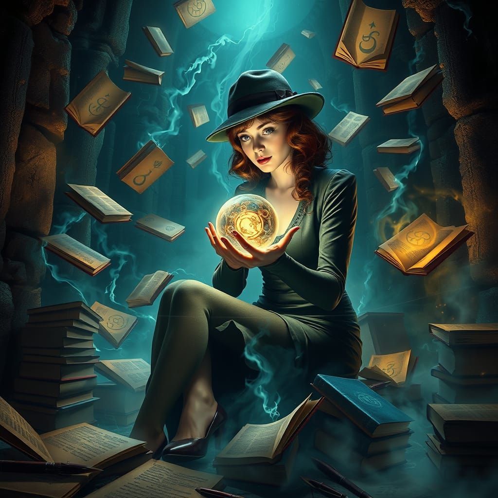 Enchanted Tower Sorceress with Ancient Orb and Levitating Bo...