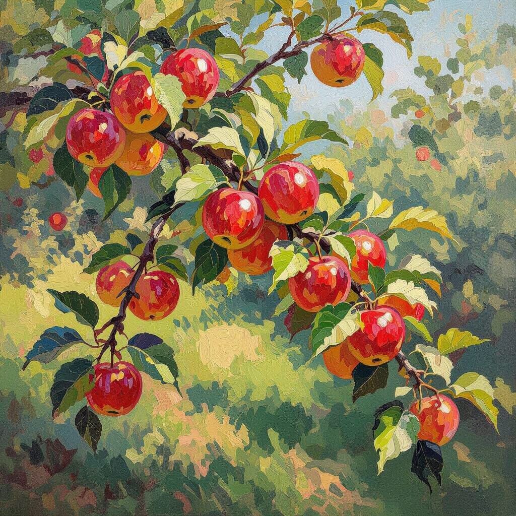 Vibrant Impressionistic Oil Painting of an Apple Tree