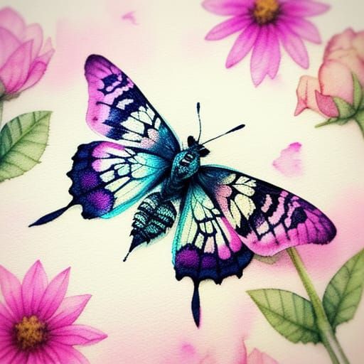 Whimsical Watercolor Moth on Flower in Soft Pastel Colors