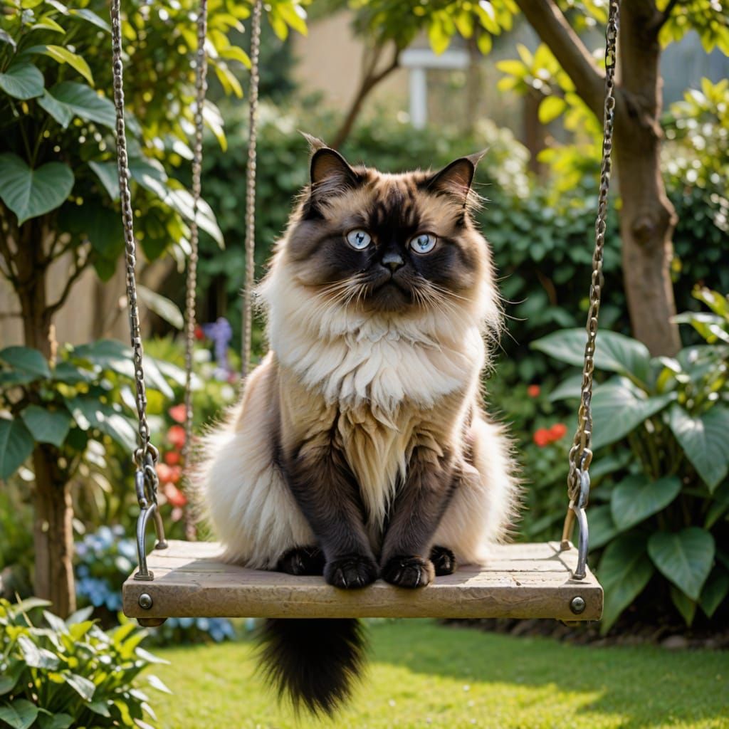 Himalayan Cat Swings in a Serene Garden
