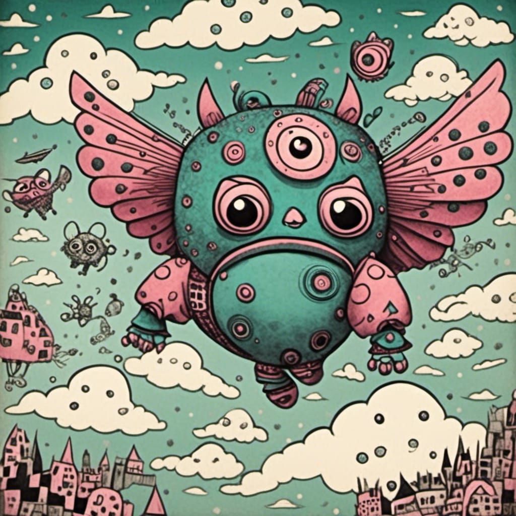Flying Robot Pig Adorable Cloudscape